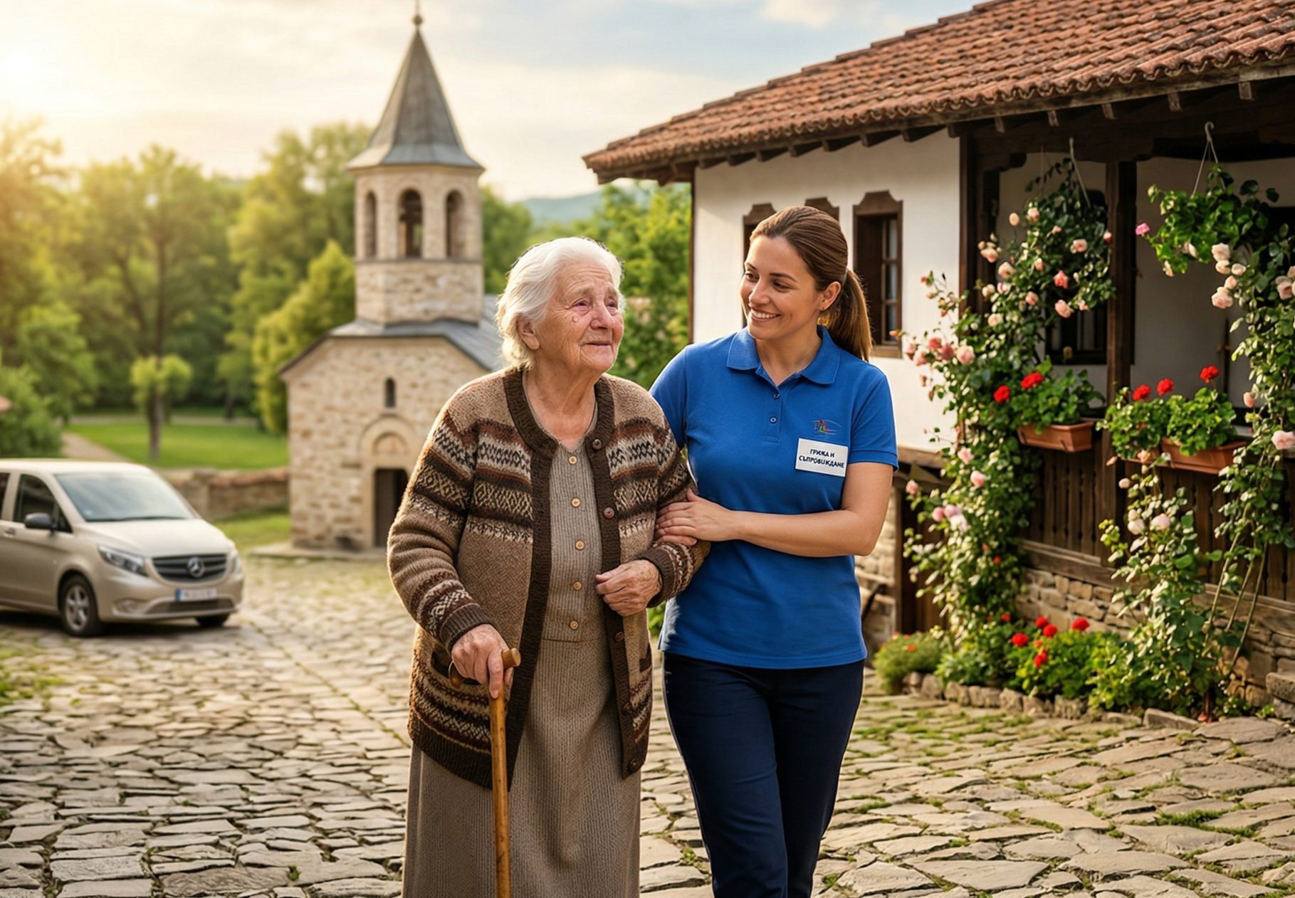 A young woman with a name tag helping an elderly woman walk with a cane outside a house with flowers. A church and a car are in the background.