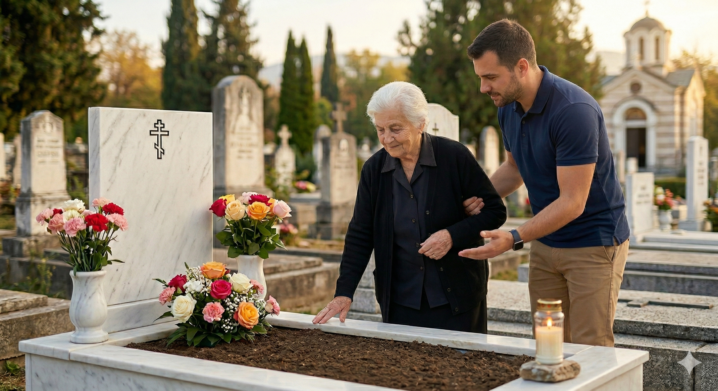 An elderly woman and a young man are standing at a grave site in a cemetery. The woman is touching the grave, and the man has his arm around her. There are colorful flowers and a lit candle on the grave.