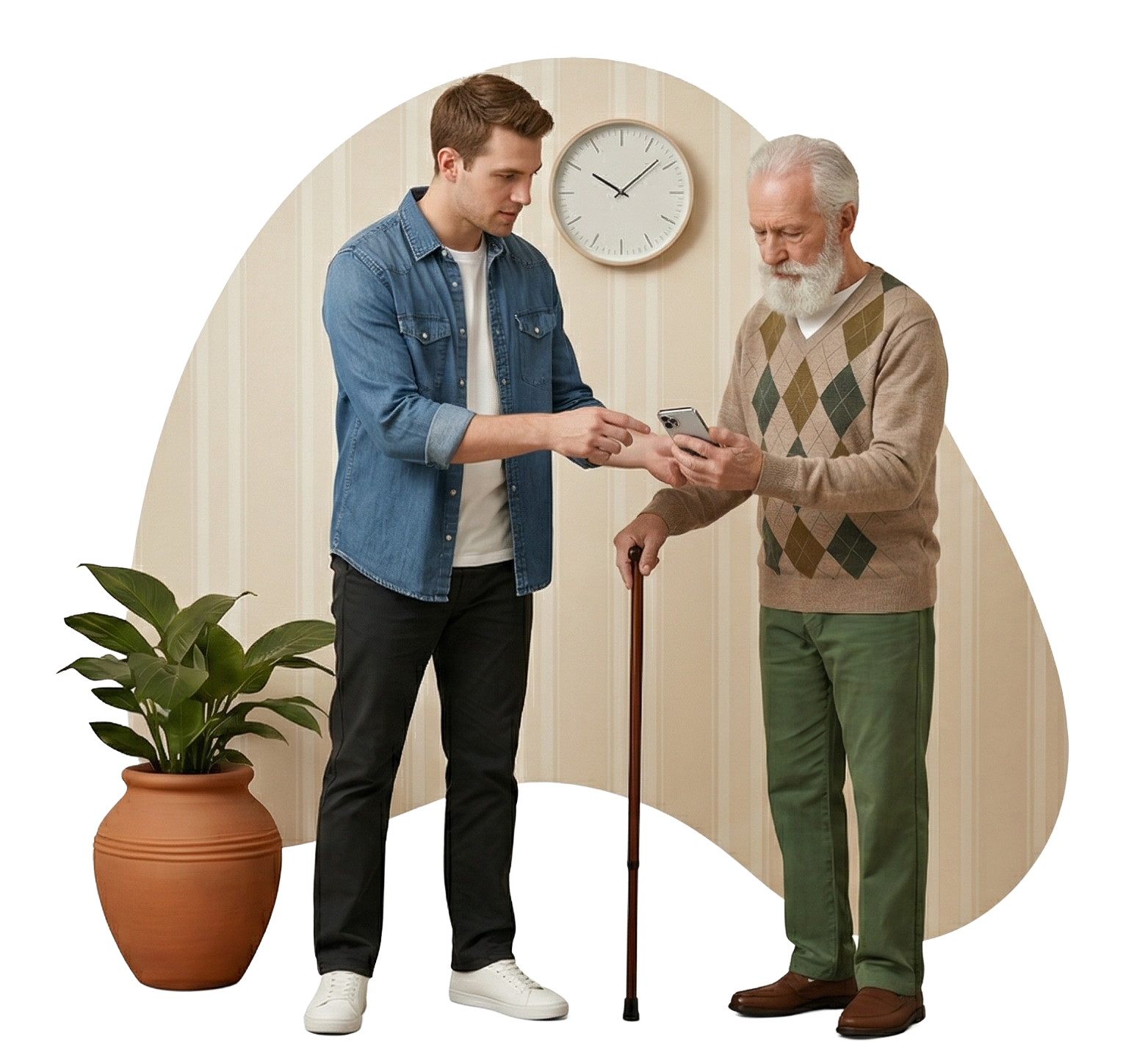 A young man in a denim jacket showing an elderly man with a cane something on his cell phone in a living room. There is a large potted plant and a wall clock behind them.