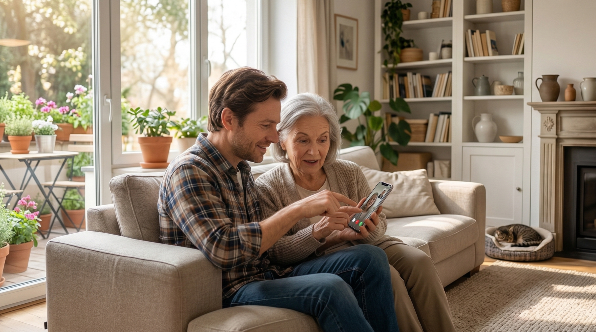A young man and an elderly woman sitting on a beige sofa in a living room, engaged in a video call on a smartphone. The room has a large window with a view of a balcony with potted plants and a garden outside. There are shelves with books and decorative items, and a cat sleeping on a bed next to a fireplace.