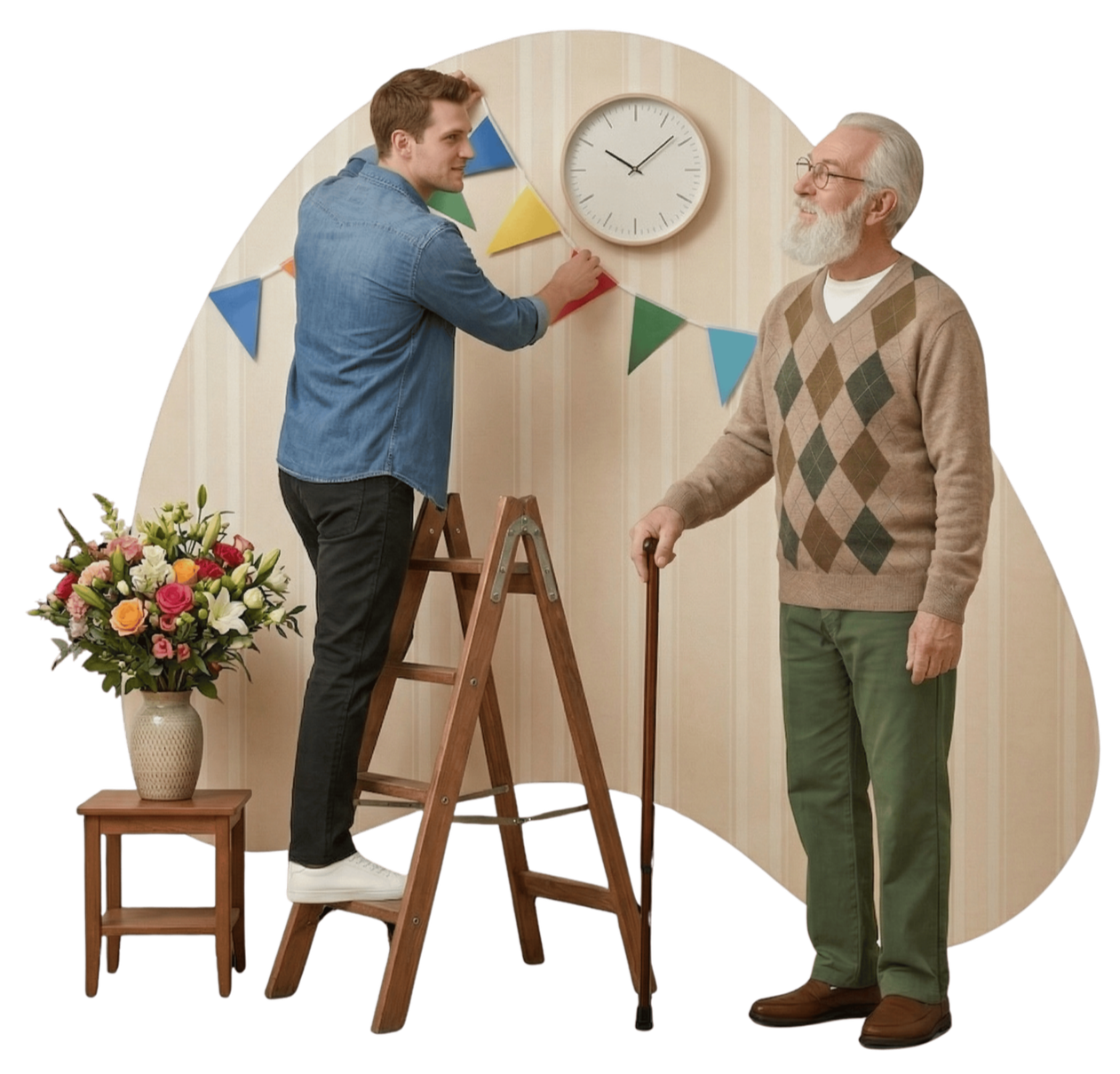 A young man on a ladder adjusting a clock on the wall, with a senior man standing next to him holding a cane, in a decorated room with a bouquet of flowers on a small table.