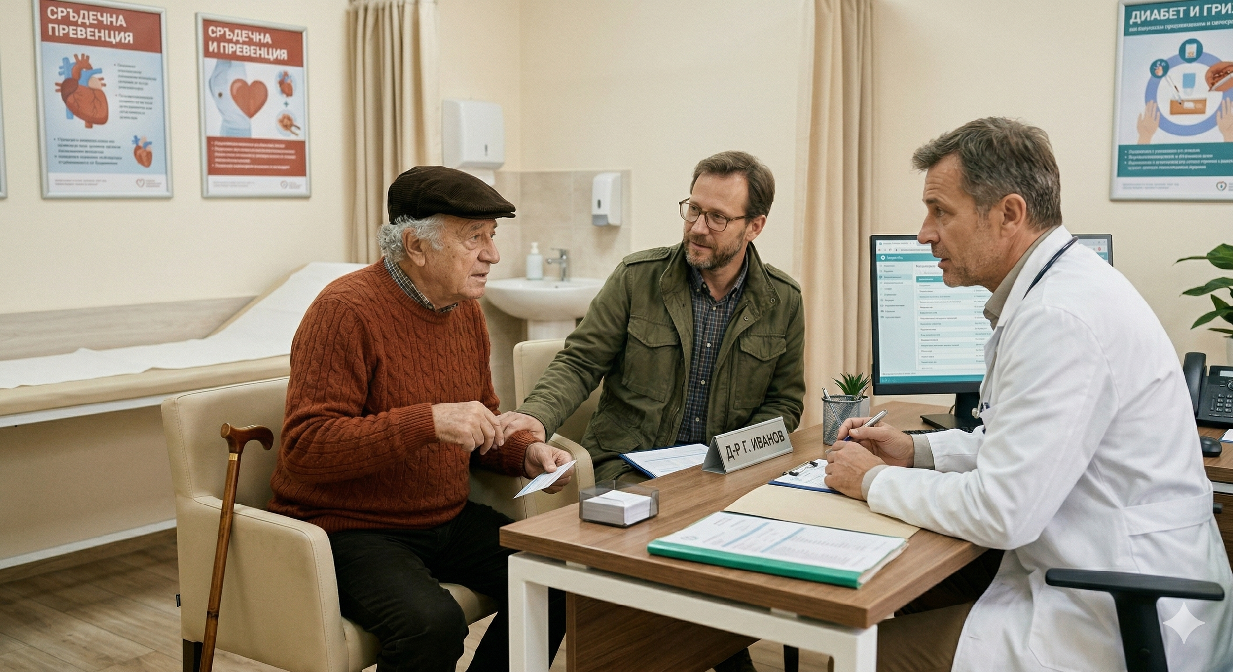 A doctor talking with an elderly man and a middle-aged man in a hospital room, with medical posters on the wall.