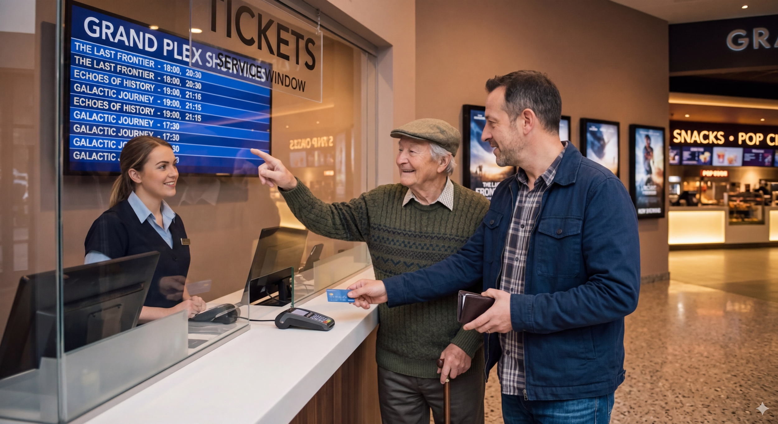 An elderly man and a middle-aged man buying tickets from a young female clerk at a ticket counter in a movie theater or entertainment venue lobby; the elderly man is smiling and pointing, the middle-aged man is holding a credit card and a notebook.