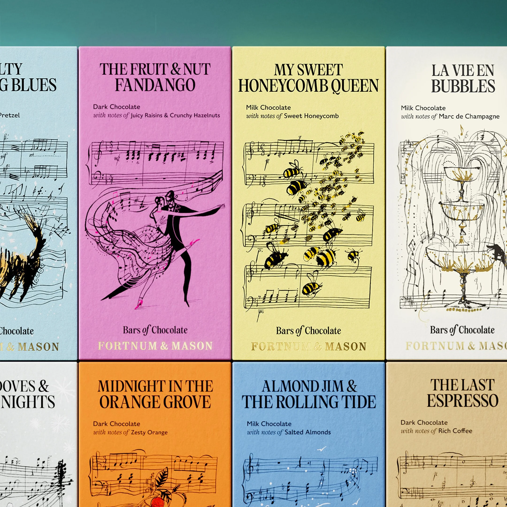 Bars of Chocolate packaging Fortnum and Mason. Colourful chocolate bar packaging with musical notes and illustrations, featuring titles like "The Fruit & Nut Fandango," "My Sweet Honeycomb Queen," and "La Vie en Bubbles."