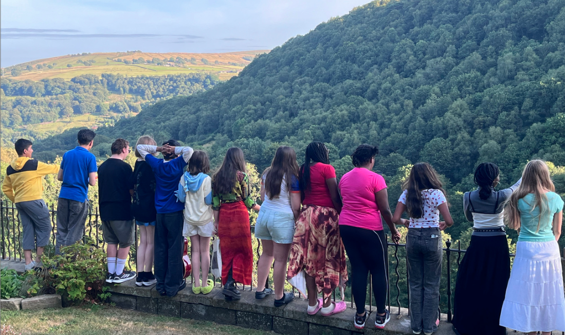 Group of children and teenagers standing on a stone wall looking at a green wooded landscape with hills in the background.