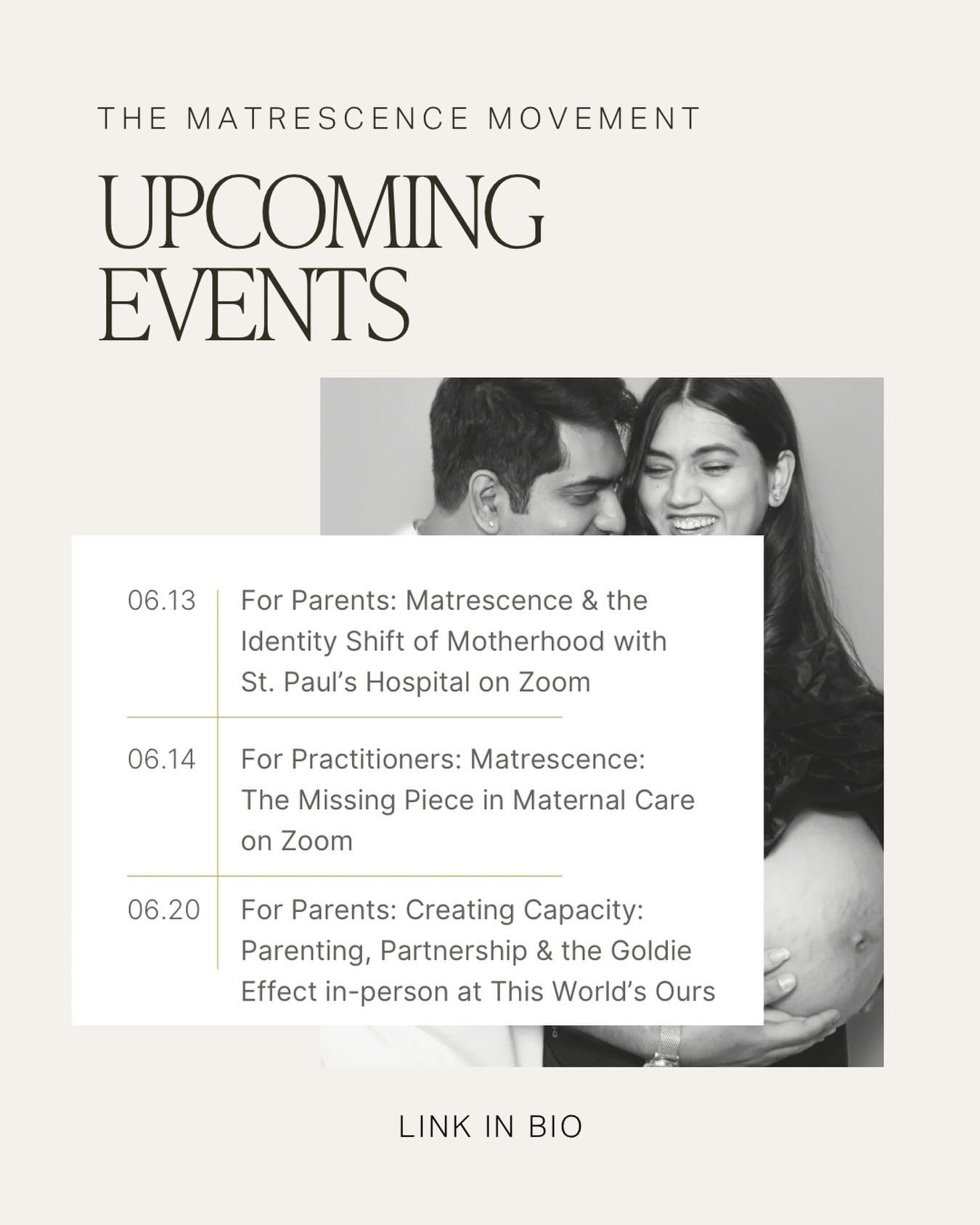 Over the next two weeks, I&rsquo;m bringing conversations on matrescence to parents and practitioners at three events (online and in person):

May 13 | Matrescence &amp; the Identity Shift of Motherhood | For parents 

Mqy 14 | Matrescence: A Missing