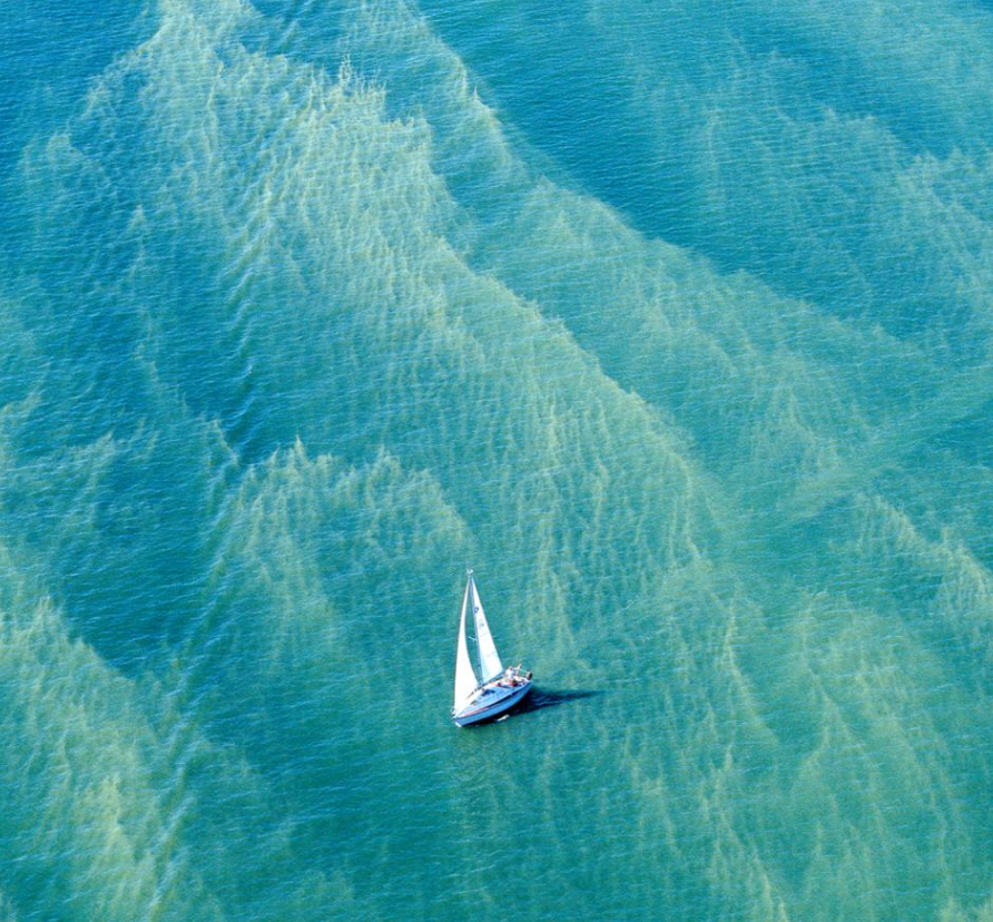 A sailboat on turquoise water with visible underwater coral reefs or features.