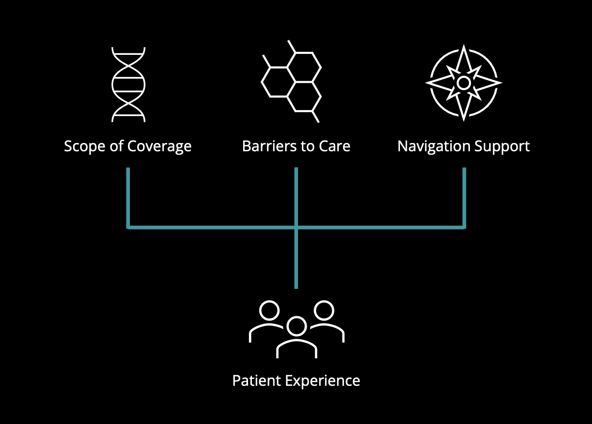 A diagram with icons and text showing the relationship between scope of coverage, barriers to care, navigation support, and patient experience.
