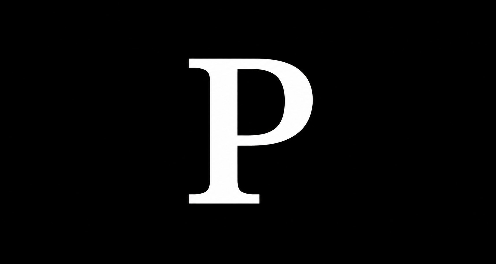 Black background with a large white letter P in the center.