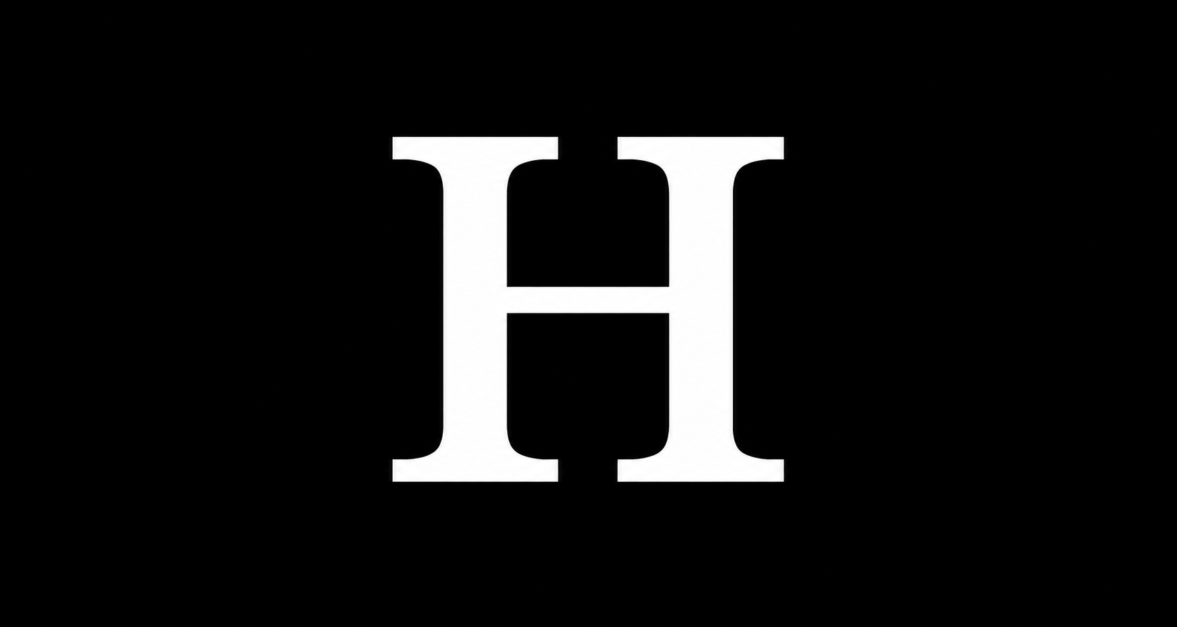 The image features a black background with a large white letter "H" in the center.