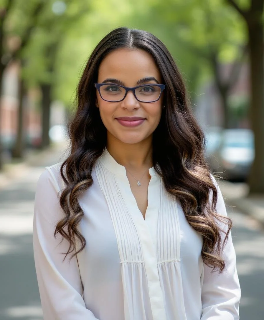 Portrait of a woman with long wavy dark hair, glasses, and a white blouse, standing outdoors on a tree-lined street.
