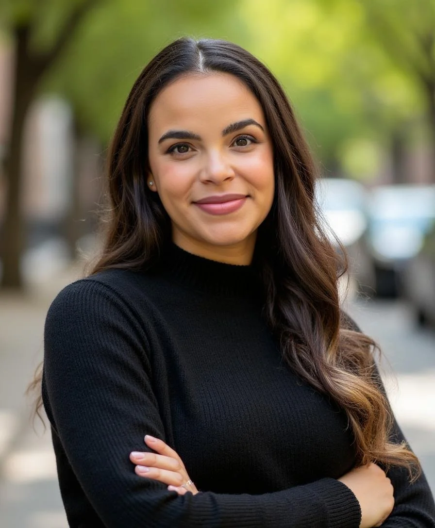 A young woman with long, dark hair and light makeup, smiling with arms crossed, standing outdoors with blurred trees and cars in the background, wearing a black sweater.