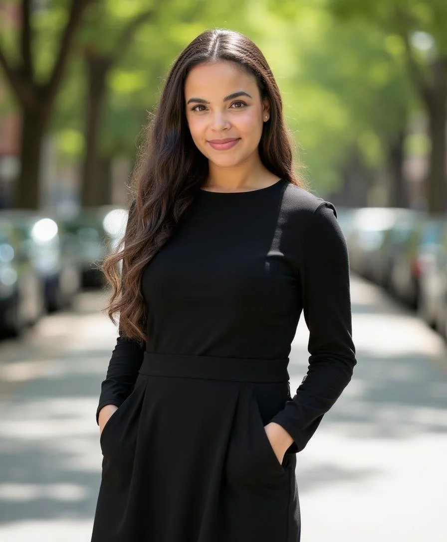A young woman with long dark hair smiling outdoors in a black dress, standing with hands in pockets on a tree-lined street.
