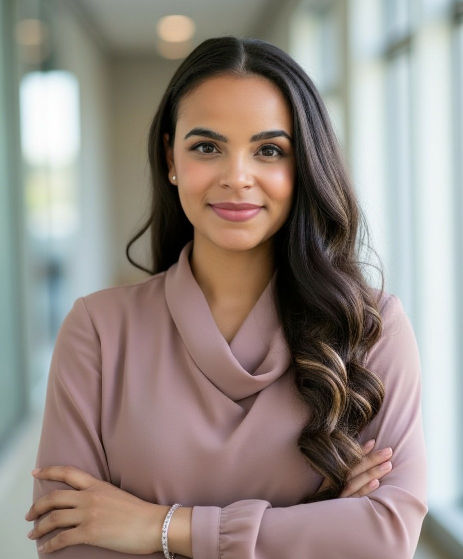 A woman with long dark hair and light makeup, smiling and wearing a beige top with a cowl neck, standing in a well-lit corridor with glass walls.
