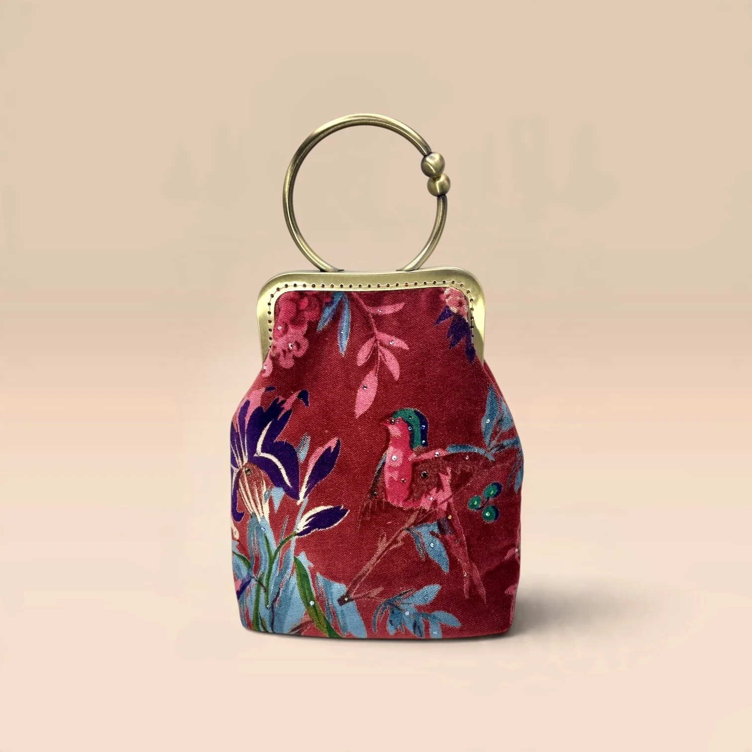 Paradise Bird velvet Handbag with swarovski - burgundy