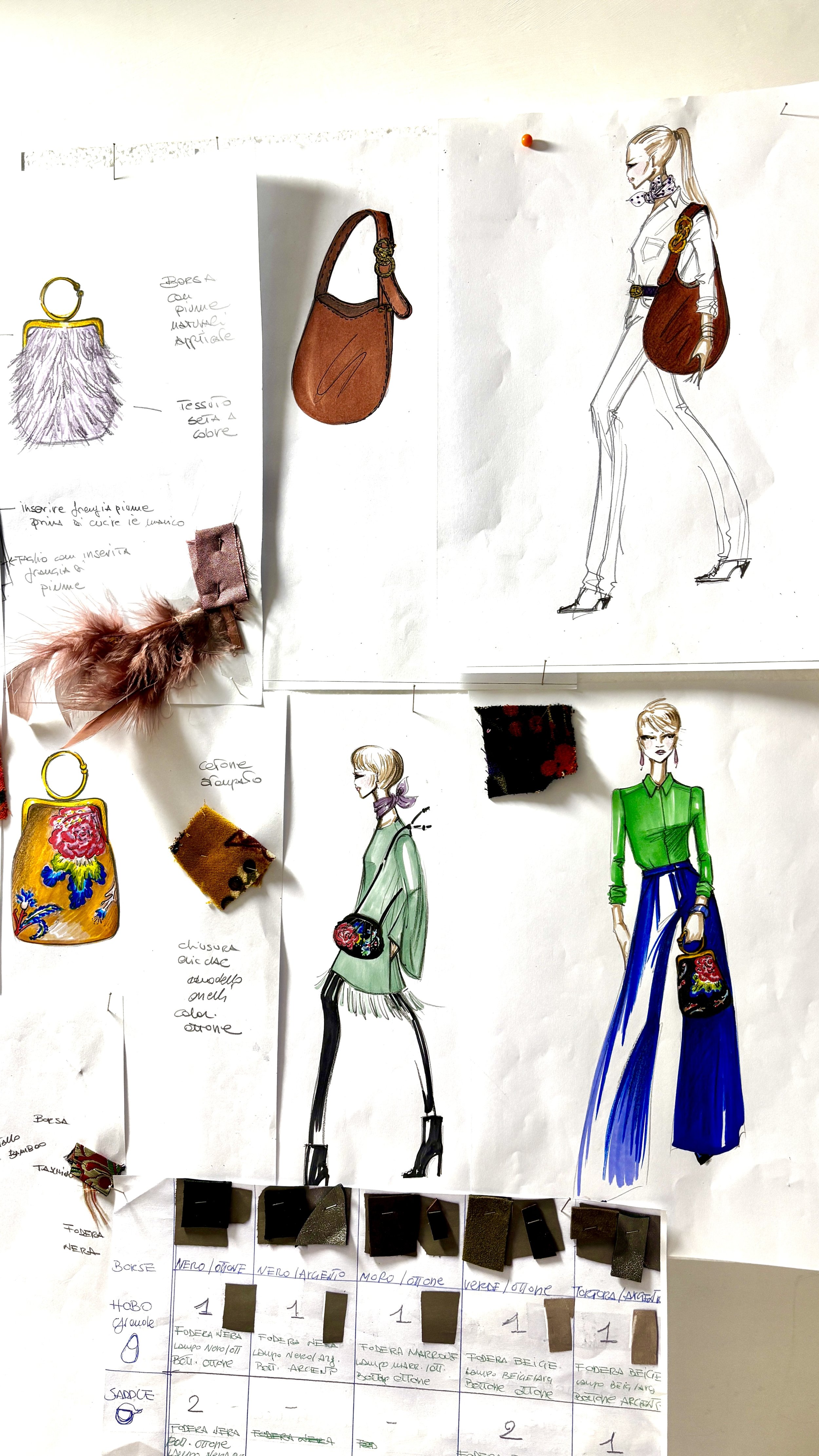 Fashion design sketches and fabric swatches for accessories such as handbags and handbags with embroidered details, along with color and material notes.