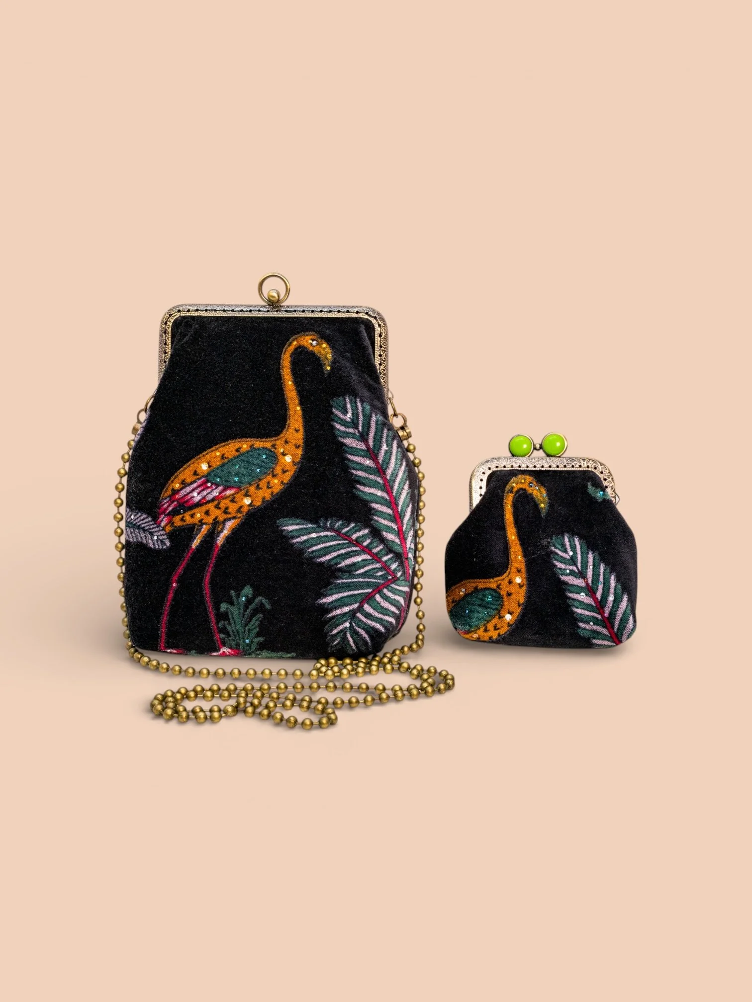 Printed Flamingo Velvet Bag Set , bag + purse