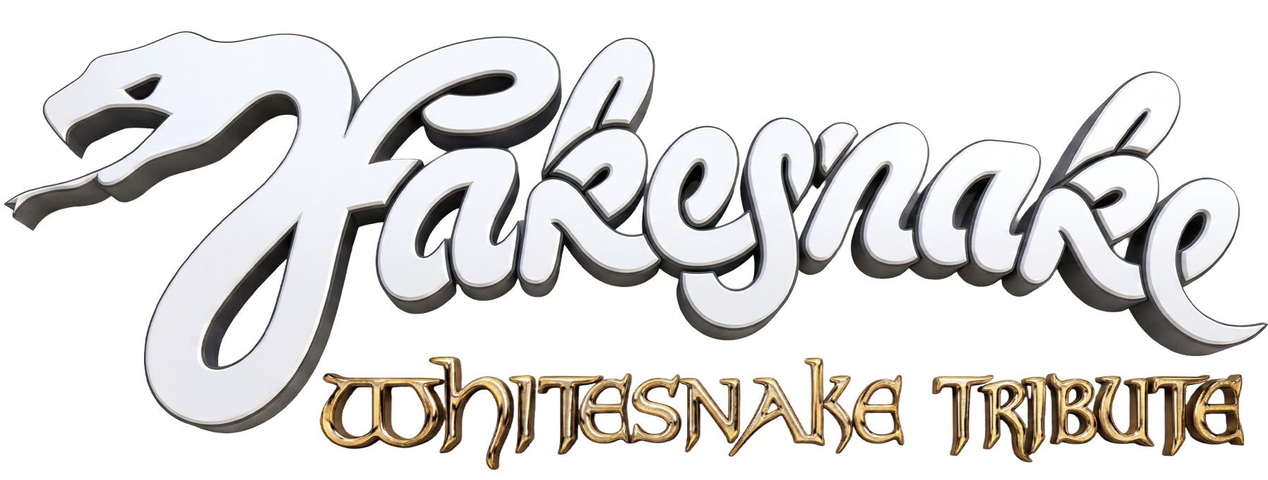 Logo with a large, cursive white text reading 'Fakesnake' and a smaller, gold text underneath reading 'Whitesnake Tribute'
