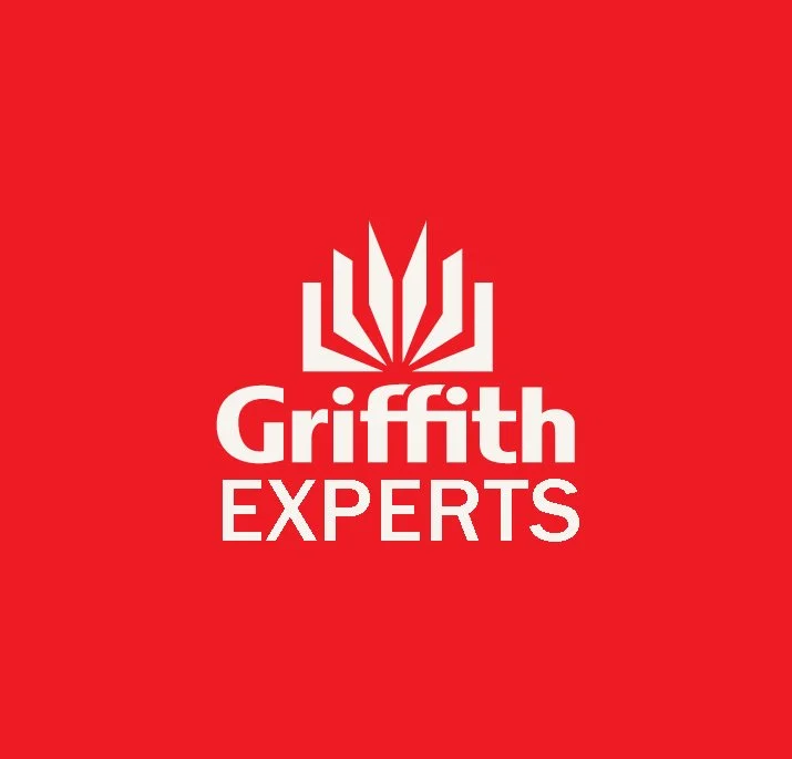 Red background with a white logo resembling an open book or wings, and the text "Griffith EXPERTS" in white.