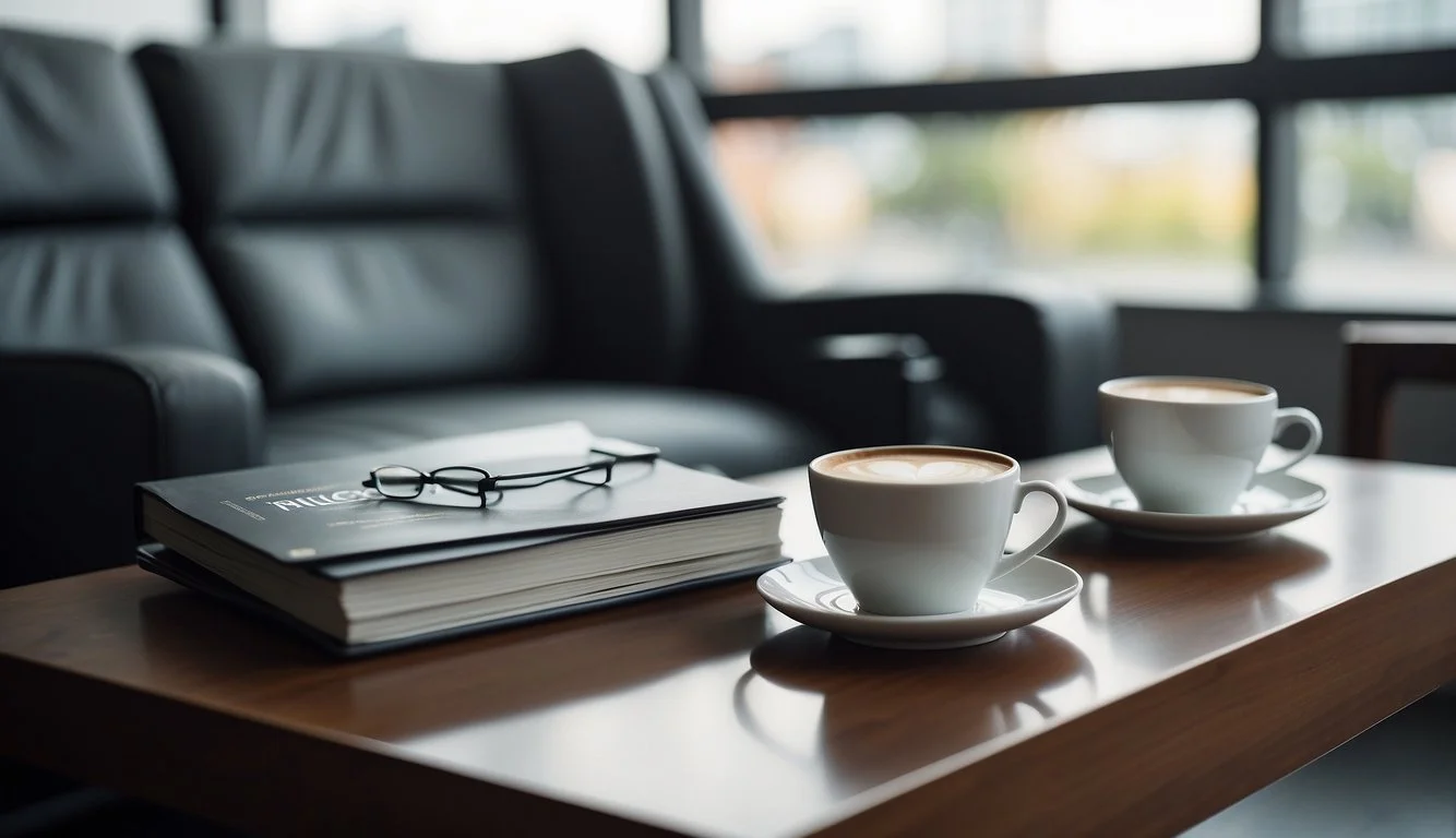 Two cups of coffee on a wooden table, with a black leather couch and large windows in the background.
