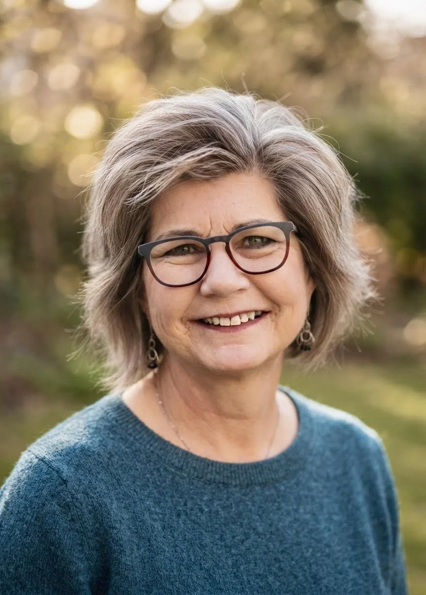 Close-up of an older woman with short, layered gray hair, wearing glasses and a teal sweater, smiling outdoors with gold-colored bokeh background.
