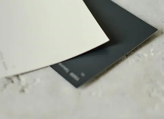 Close-up of color samples or swatches on a textured surface, including white, black, and dark gray shades.