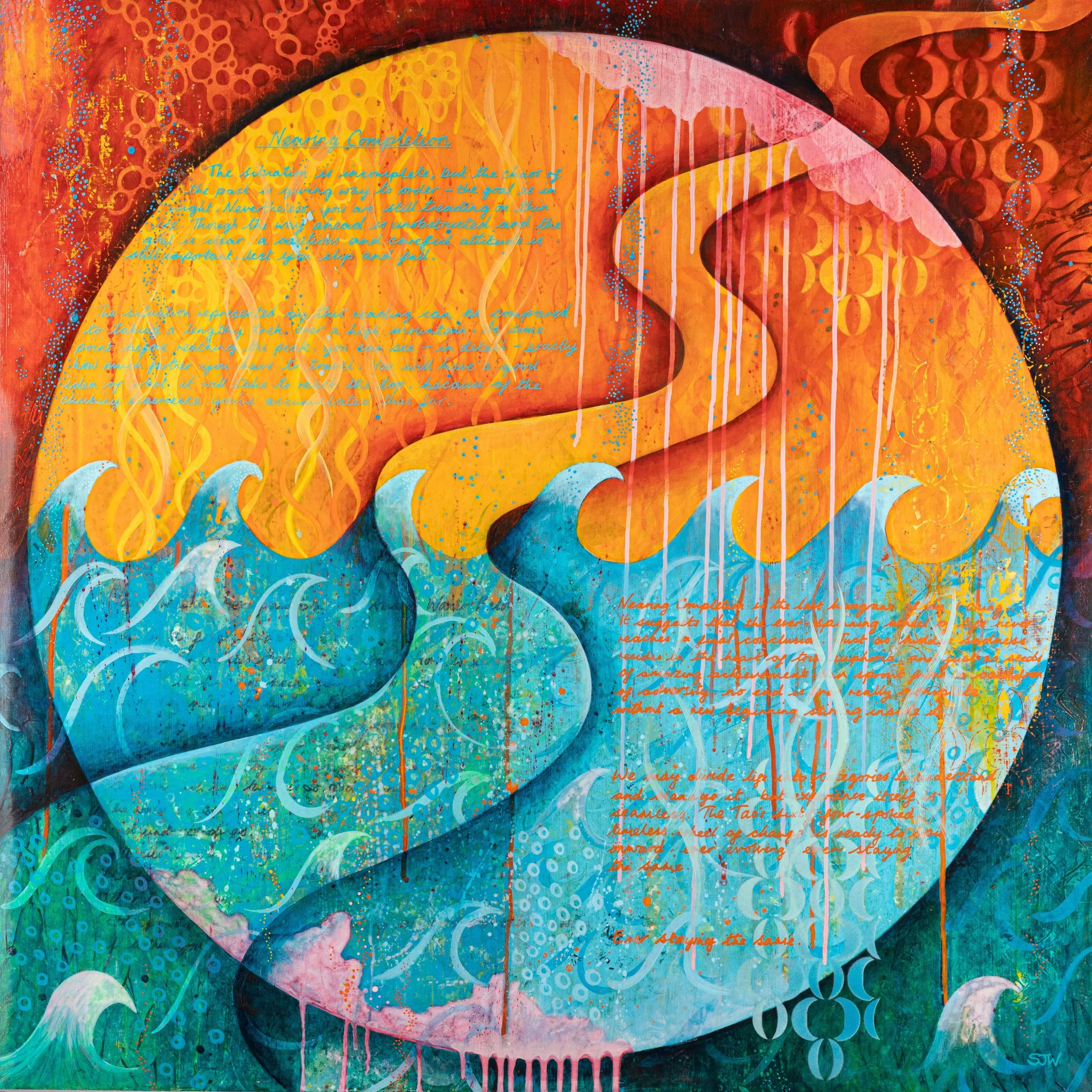 Fire Above, Water Below 
(I Ching series)

Acrylic on deep edge cradled wood panel

91 x 91 x 5cm
Unframed - all edges painted turquoise blue

£2500