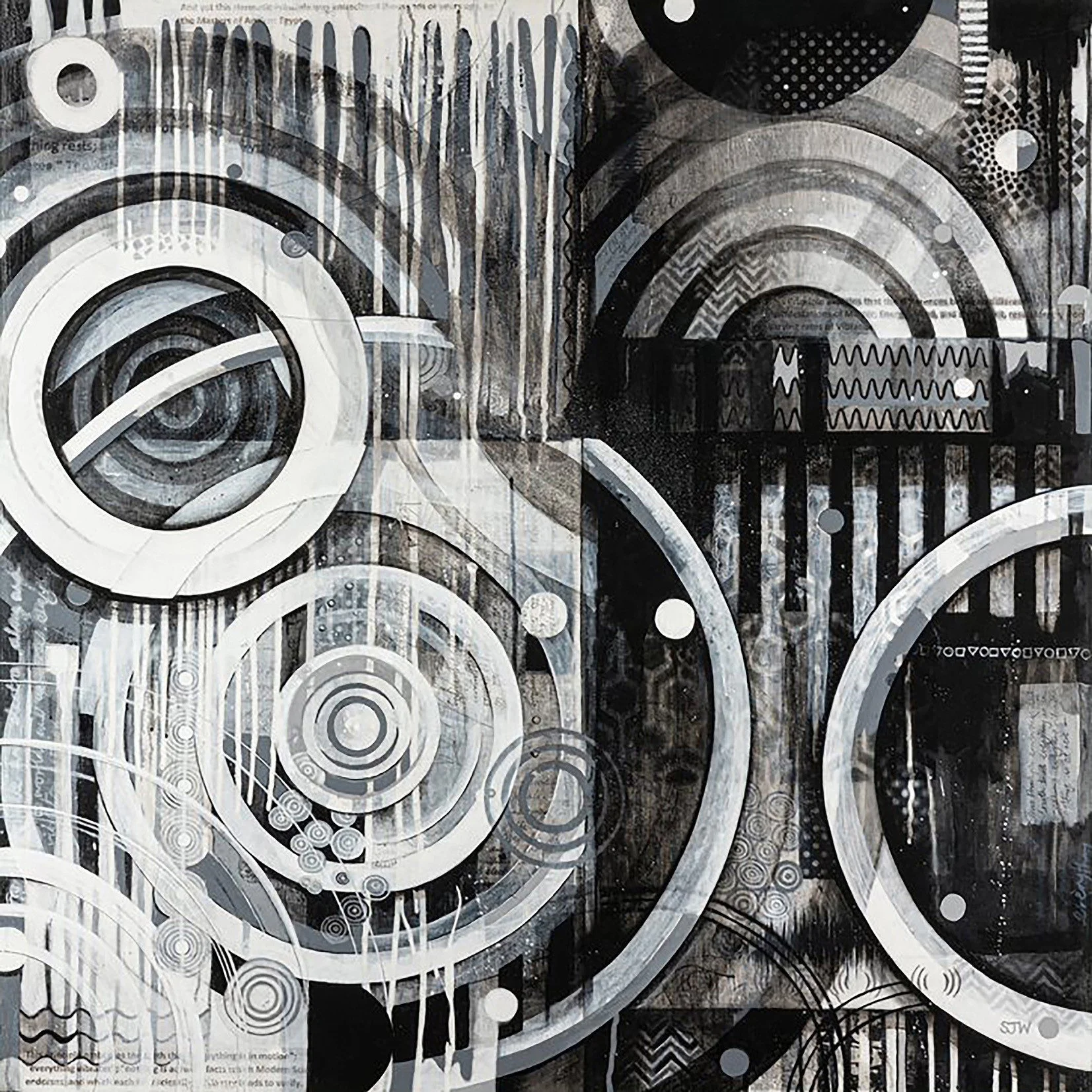 'Everything Vibrates' - 

Acrylic and collaged papers on deep edged cradled basswood panel. 
All edges painted black.

91.4 x 91.4 x 5cm - unframed

£1,995