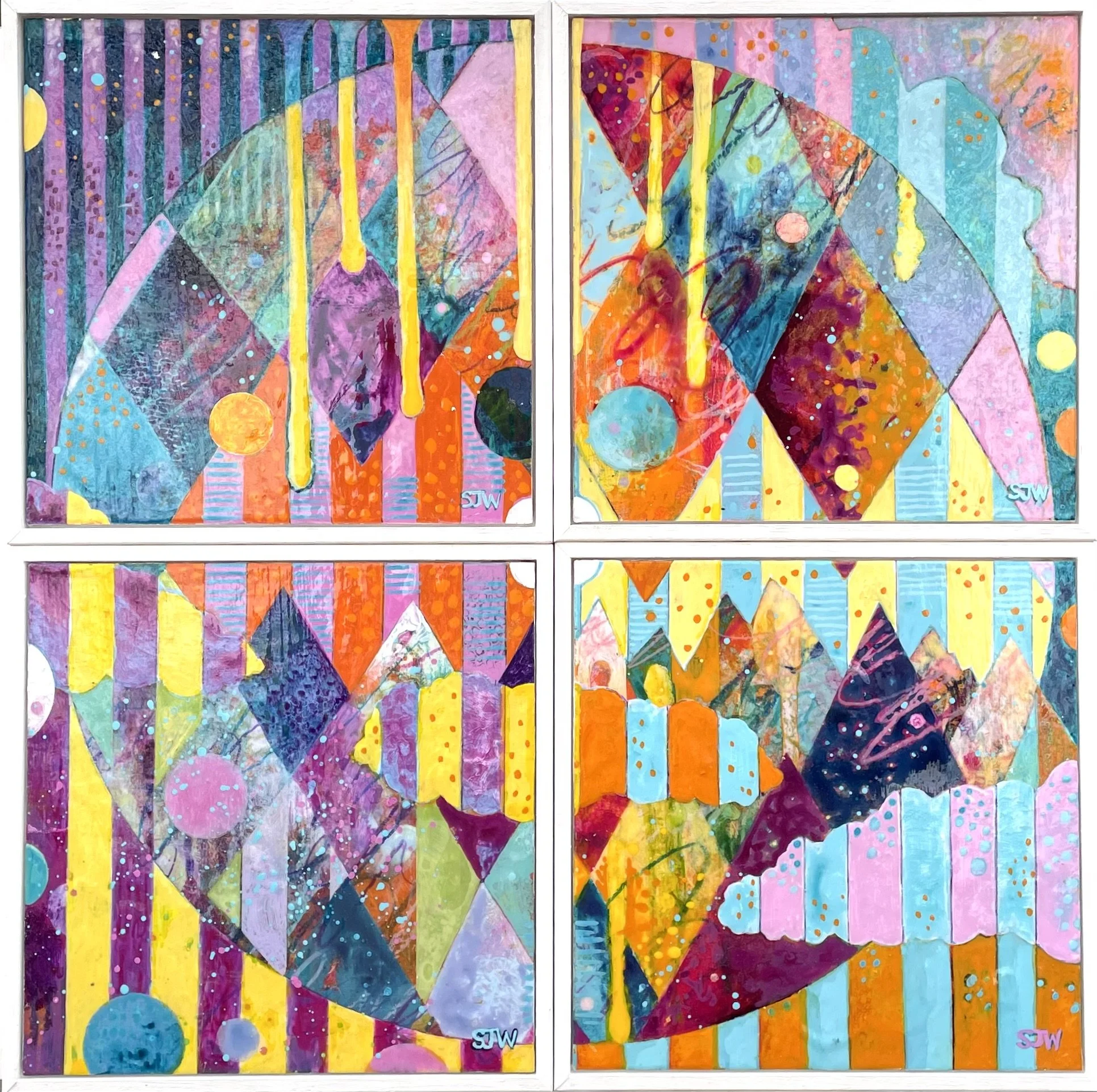 Candy Mountains I-IV
Mixed Quarters series (2025)

Available as a set of four paintings.
Acrylic & collaged paper on wood panel, individually framed in white tray frames.
Each painting size 16 x 16 x 2cm

£350 (set of 4)