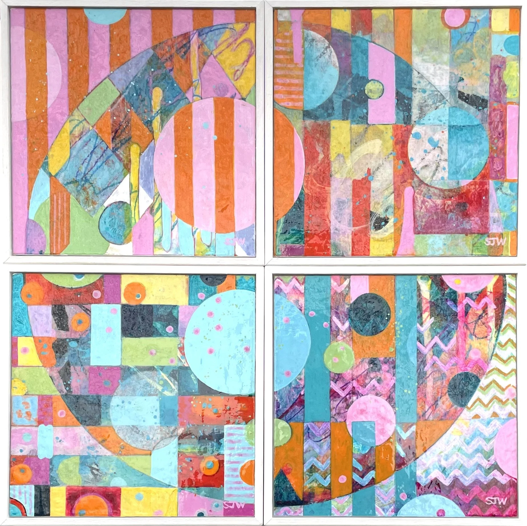 Kayli I-IV
Mixed Quarters series (2025)

Available as a set of four paintings.
Acrylic & collaged paper on wood panel, individually framed in white tray frames.
Each painting size 16 x 16 x 2cm

£350 (set of 4)