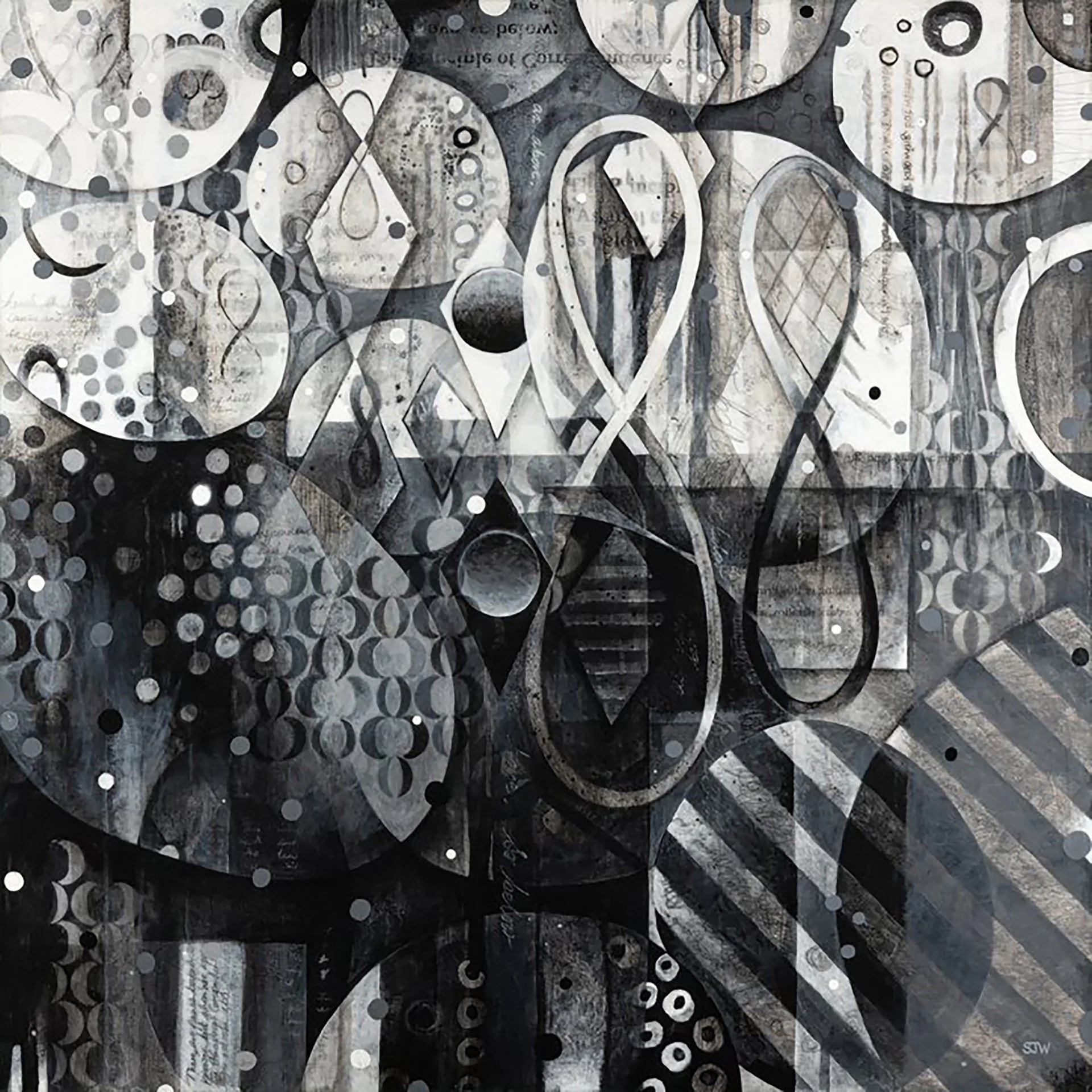 'As Above, So Below' - 

Acrylic and collaged papers on deep edged cradled basswood panel. 
All edges painted black.

91.4 x 91.4 x 5cm - unframed

£1,995