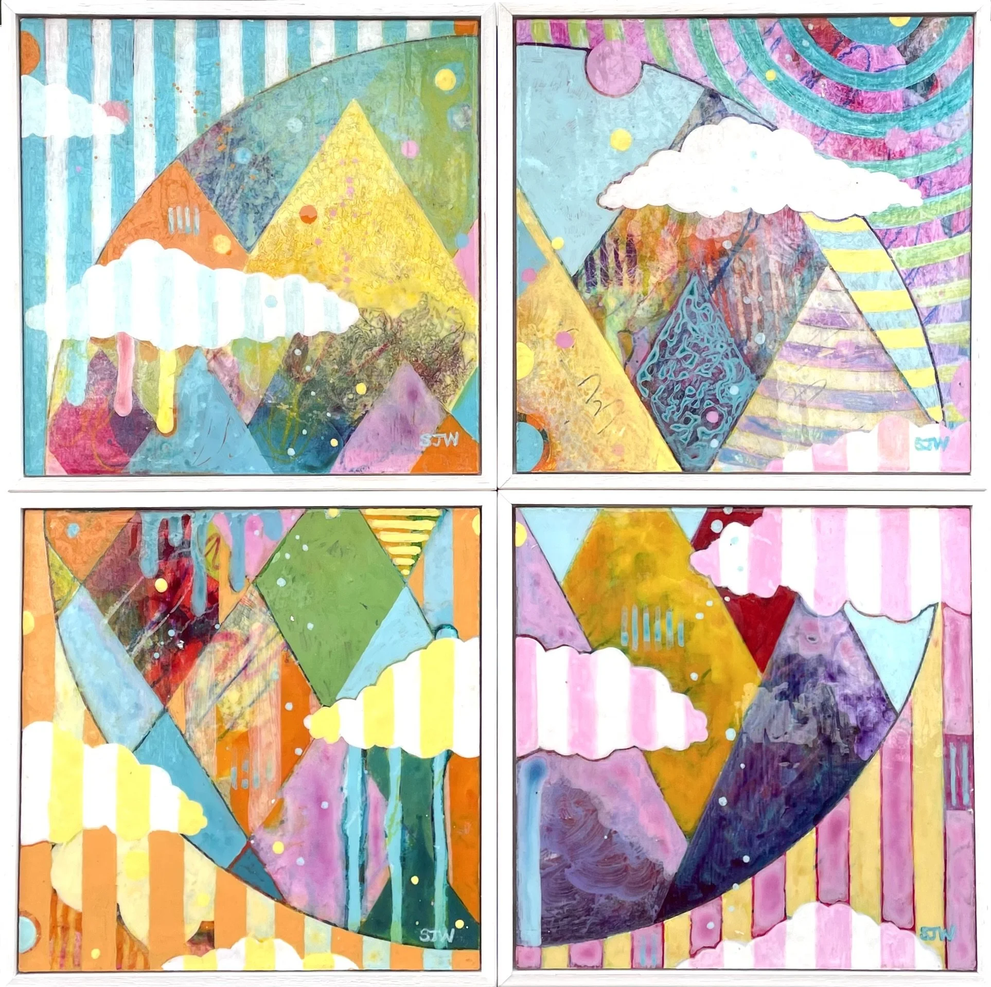 Bonbons I-IV
Mixed Quarters series (2025)

Available as a set of four paintings.
Acrylic & collaged paper on wood panel, individually framed in white tray frames.
Each painting size 16 x 16 x 2cm

£350 (set of 4)
