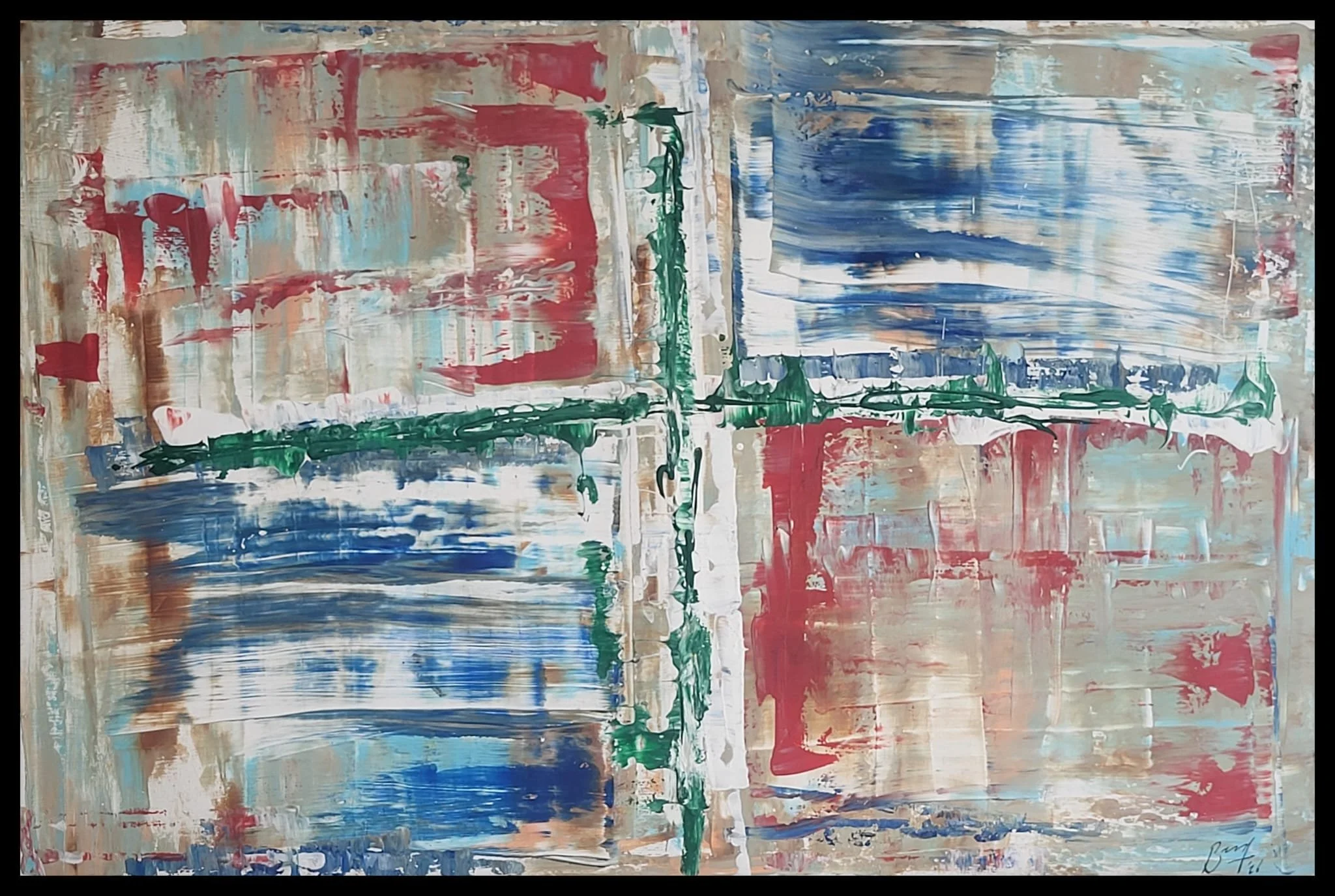 Abstract schilderij met horizontale streken in rood, blauw, groen, wit en beige kleuren.