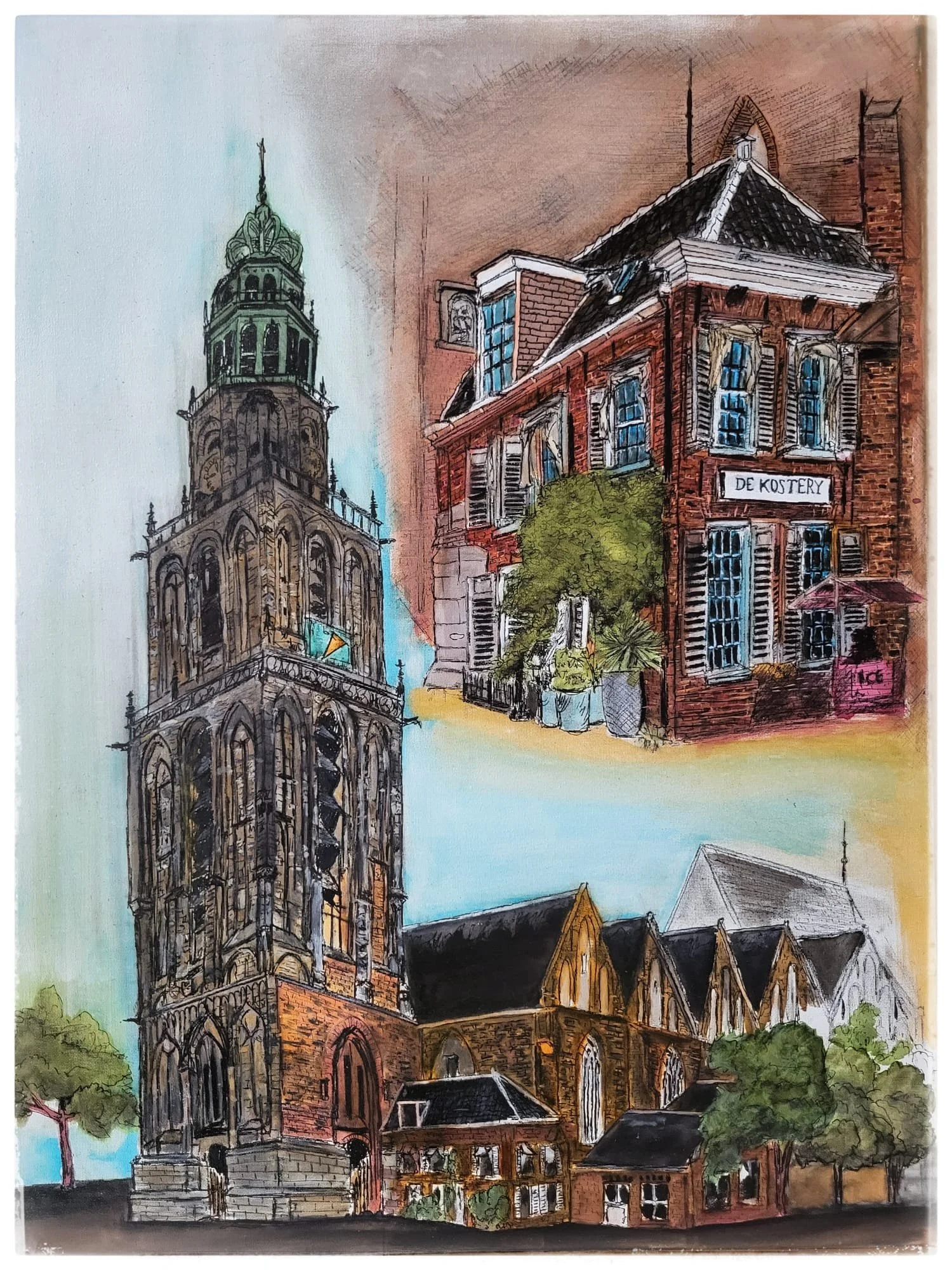 Een aquarel schilderij van een kerk en enkele huizen, met een kerktoren en een gebouw met een bord 'De Kostery' op de gevel.