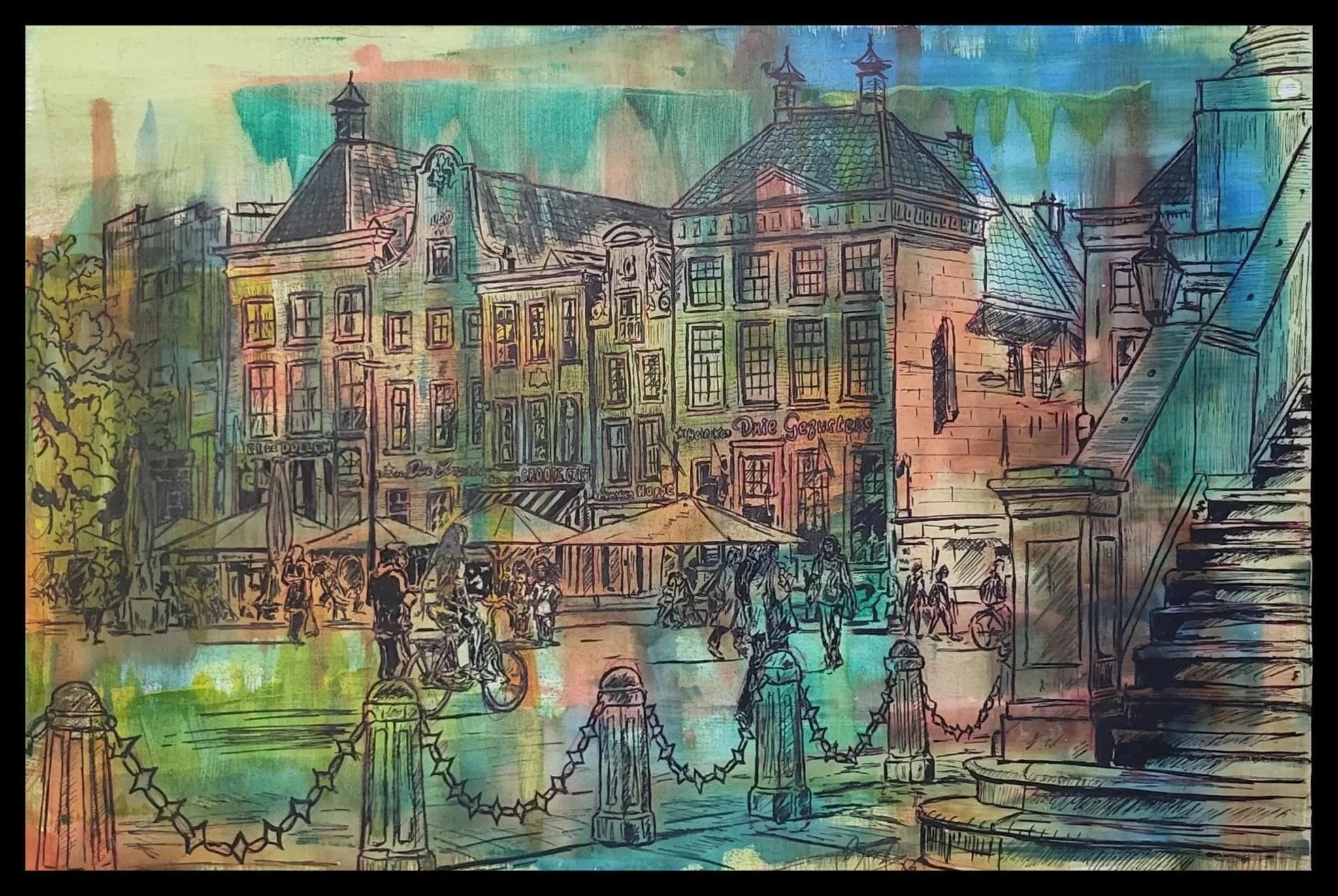 Een kleurrijke tekening van een stadscafé met mensen, fietsen en historische gebouwen, onder een kleurrijke hemel.