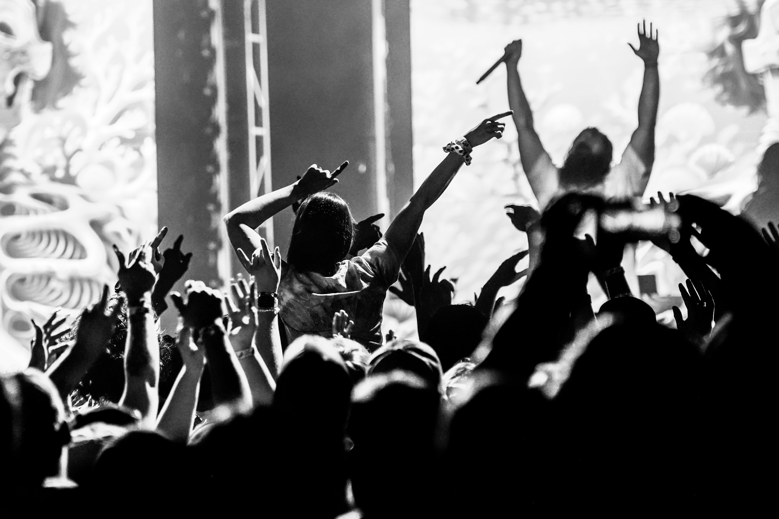 A crowd at a concert or music event with hands and arms raised. A woman wearing a bracelet is standing on someone’s shoulders, pointing and raising her arm. The scene is lively, with people enjoying the performance.