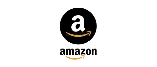 Amazon logo with black circle, lowercase 'a' in white, and 'amazon' text below.