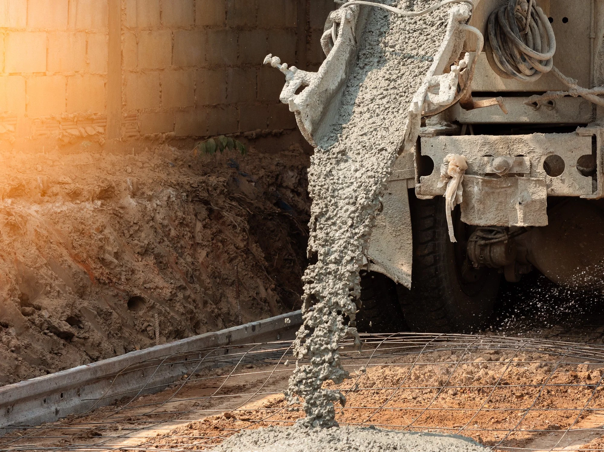 Construction site with a cement mixer truck pouring concrete onto rebar and wire mesh laying on the ground, with soil and a brick wall in the background.