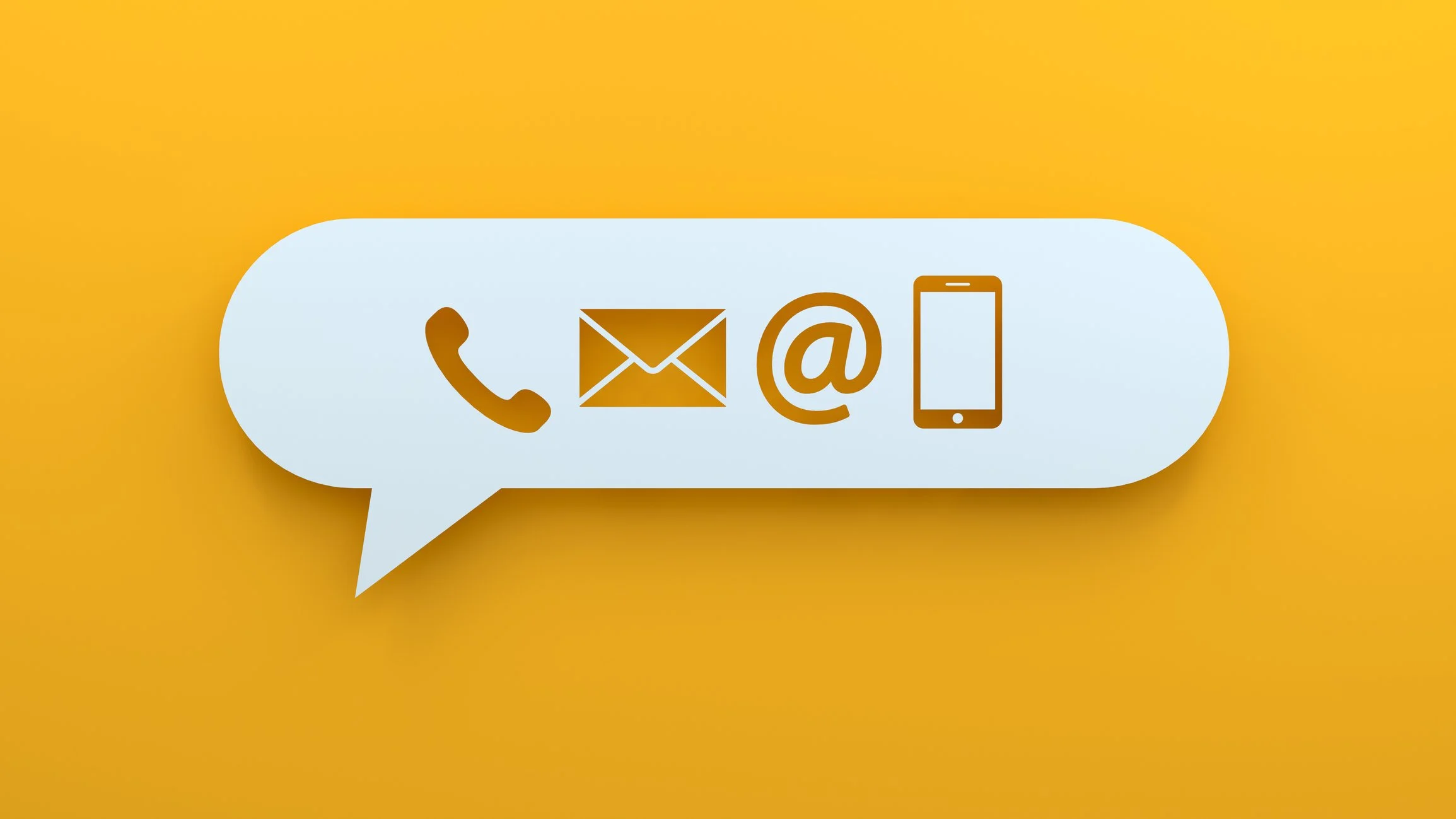 Contact icons for phone, email, at symbol, and mobile phone inside a speech bubble on a yellow background.