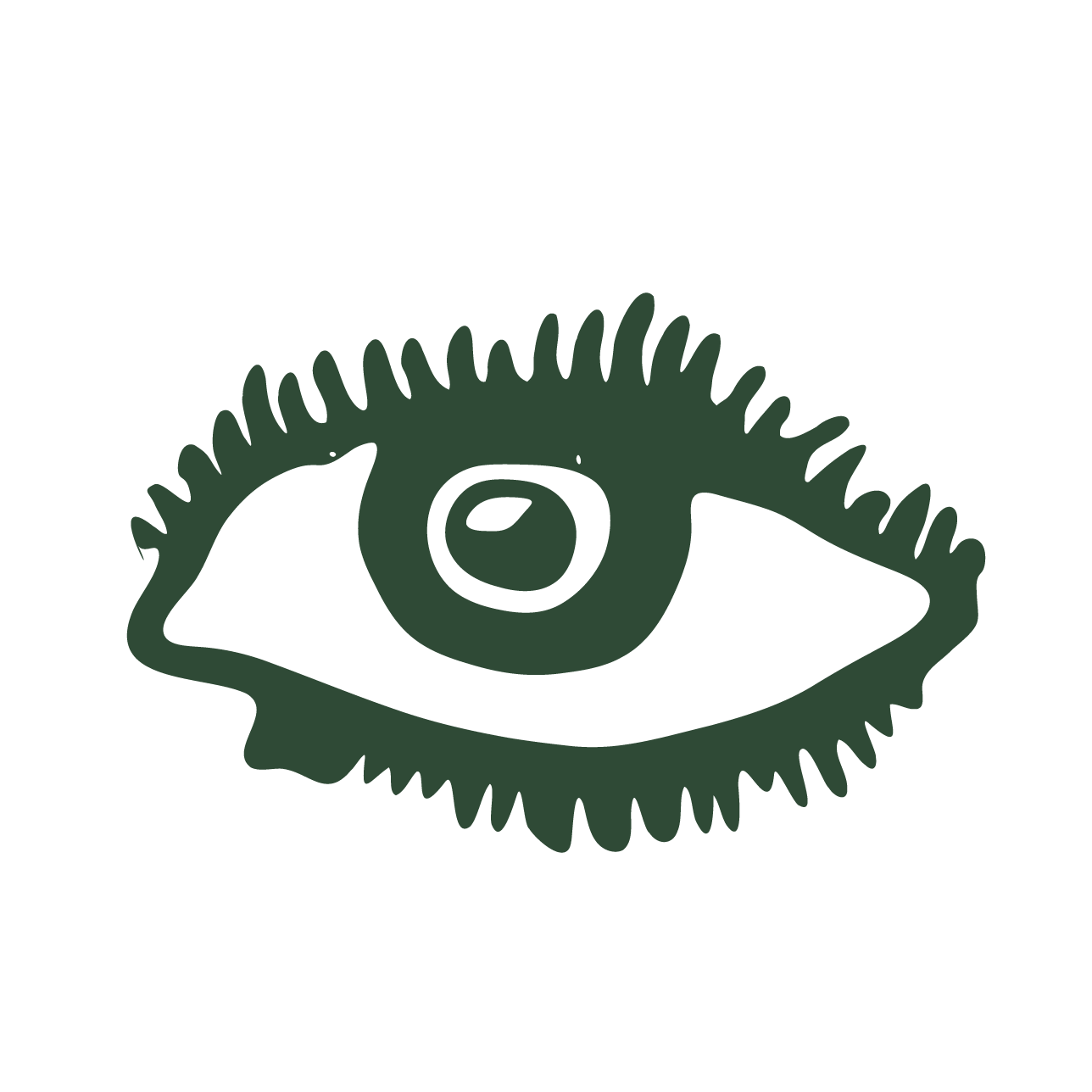 A stylized drawing of a human eye with eyelashes, in a dark green color.
