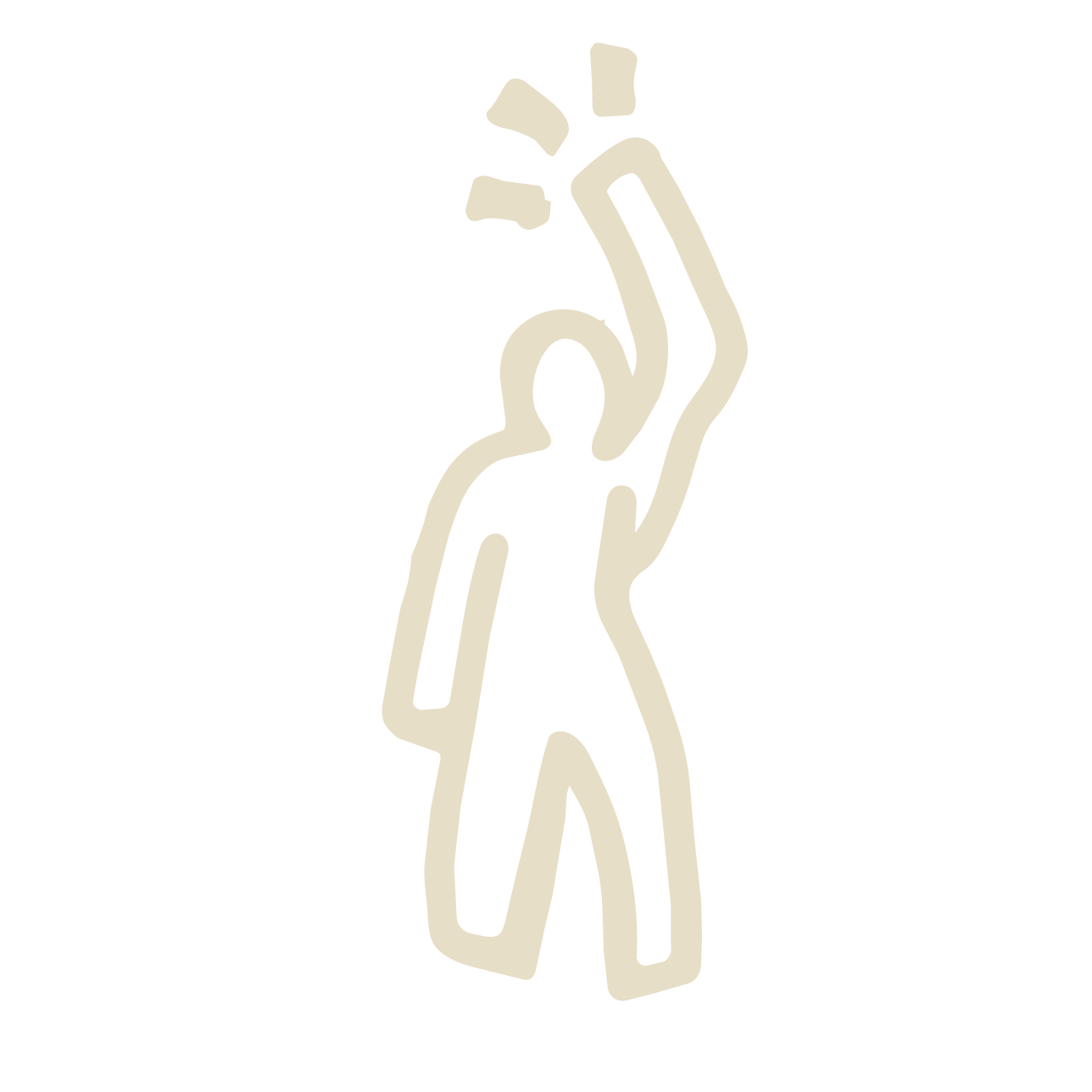 Line drawing of a person with their right arm raised, holding a telephone receiver, with sound lines emitting from the receiver.