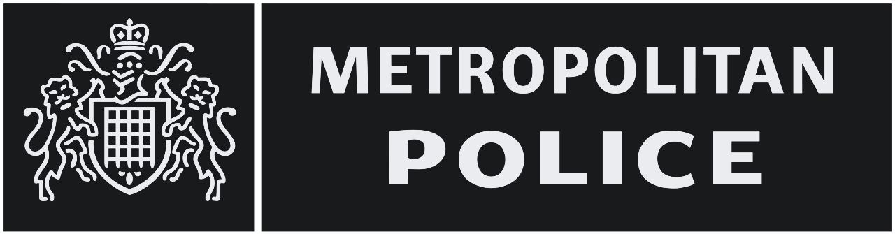 Metropolitan Police logo with a crown, shield, and two lions, alongside the text 'Metropolitan Police' in bold white letters on a black background.