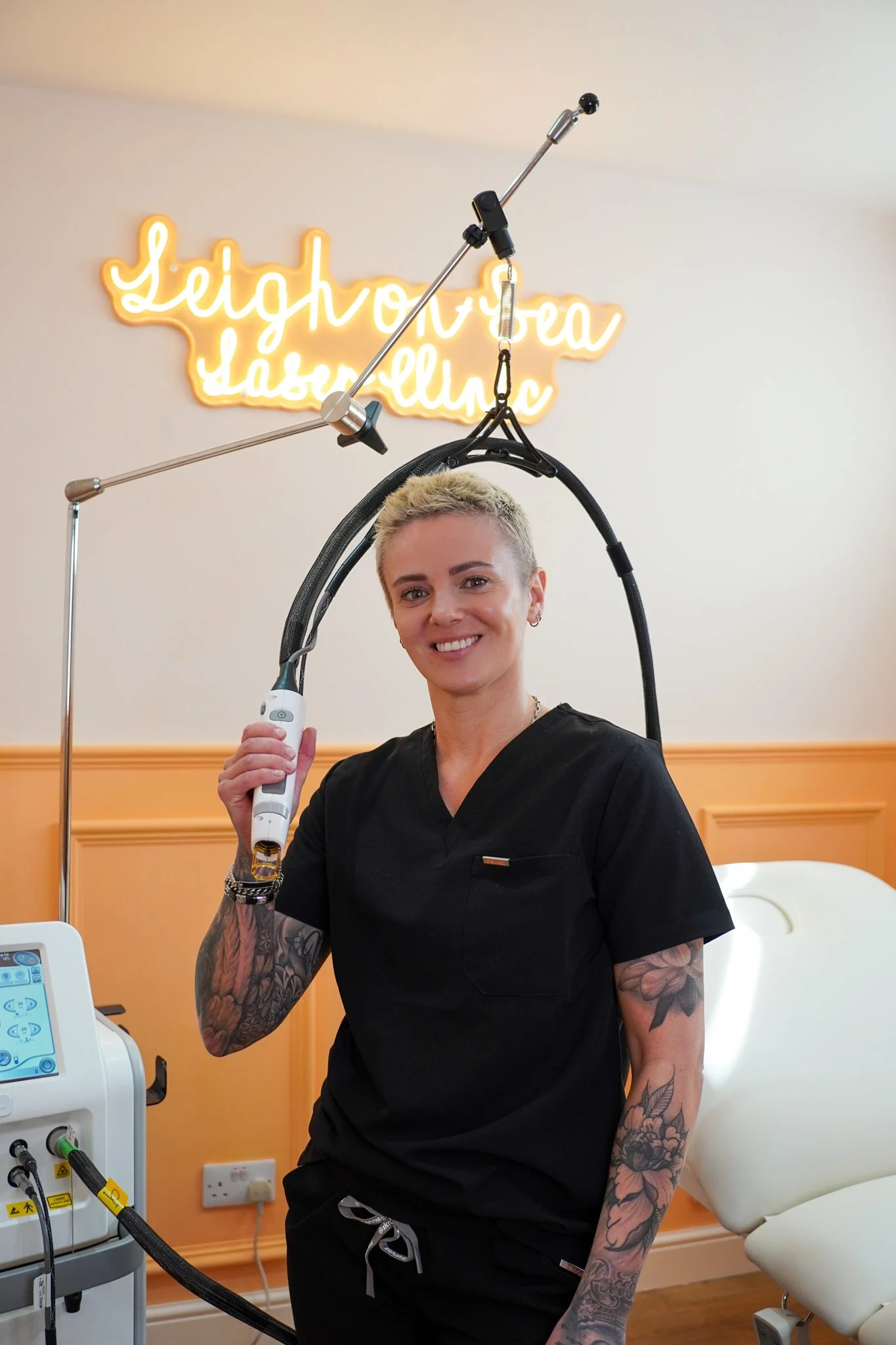 Rosie, founder and owner of Leigh-on-Sea Laser Clinic using the Candela Gentle Pro Max Plus, inside leigh on sea laser clinic, a 5 star skin clinic in southend on sea. Southend on sea laser clinic, southend on sea skin clinic