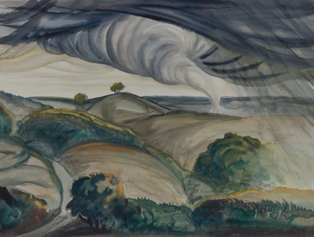 A landscape painting depicting rolling hills with two trees on a hilltop, under a dark, swirling stormy sky with a funnel cloud or tornado in the distance.