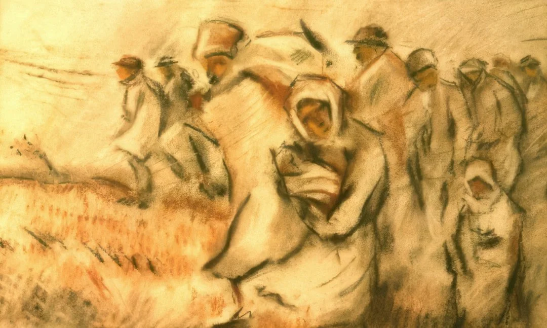 A watercolor painting of a group of workers, some wearing hats, engaged in manual labor outdoors.