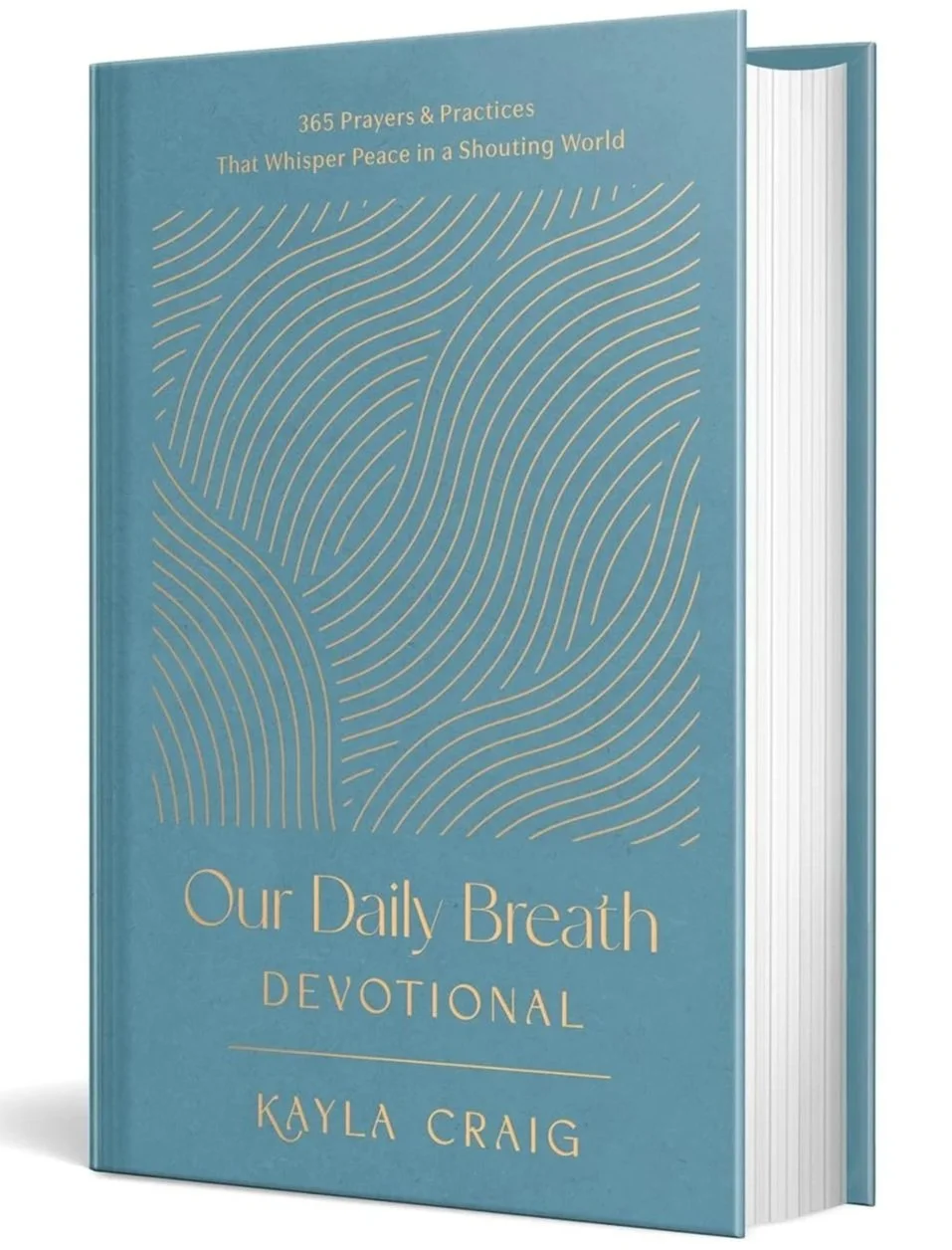 A blue devotional book titled "Our Daily Breath Devotional" by Kayla Craig, with a gold abstract line pattern on the cover.