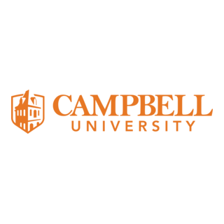 Campbell University logo featuring a stylized open book and a flame in orange and black.