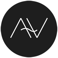 Black circular background with a minimalist, stylized white logo of the letters 'AV' intertwined for Ann Voksamp.