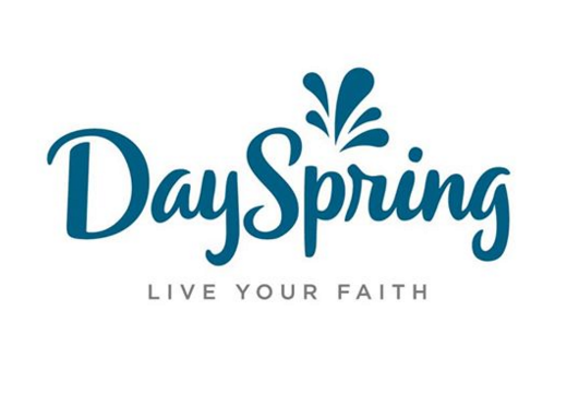 DaySpring logo with blue text and water splash design, tagline 'Live Your Faith' below