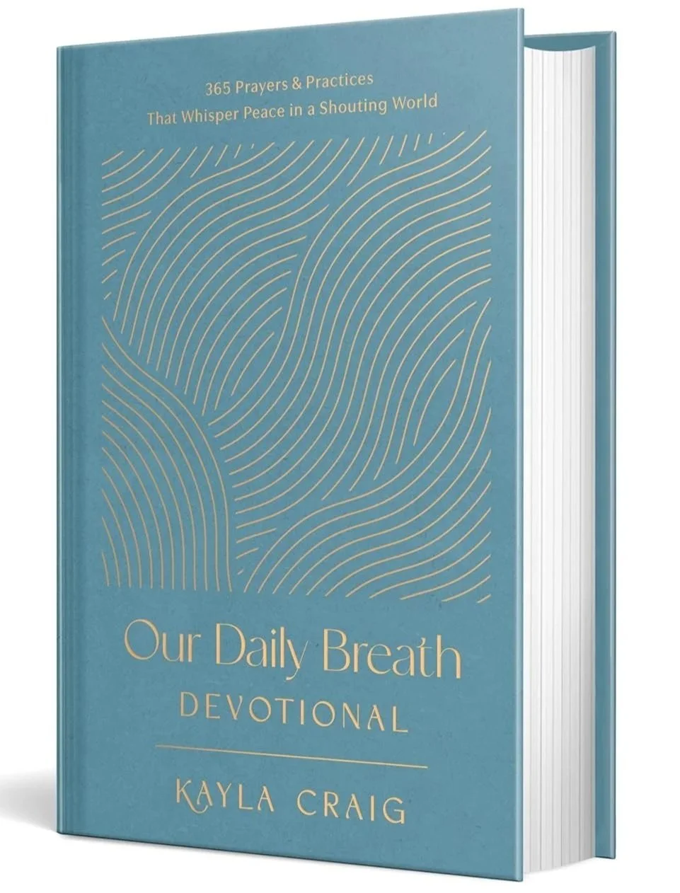 A blue hardcover book titled "Our Daily Breath Devotional" by Kayla Craig, featuring gold text and decorative lines.